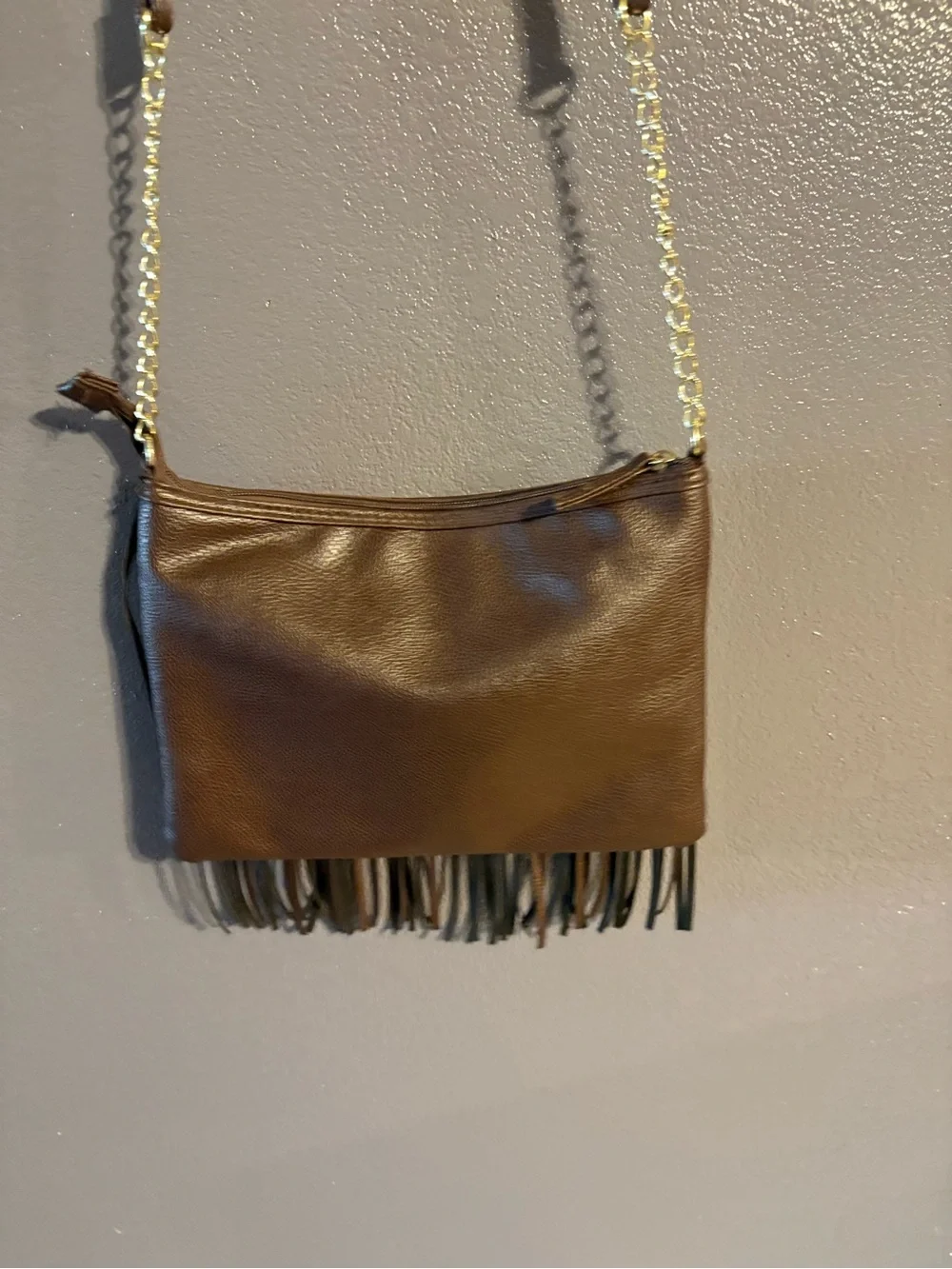 Brown Leather Fringe Crossbody Bag with Gold Chain Strap